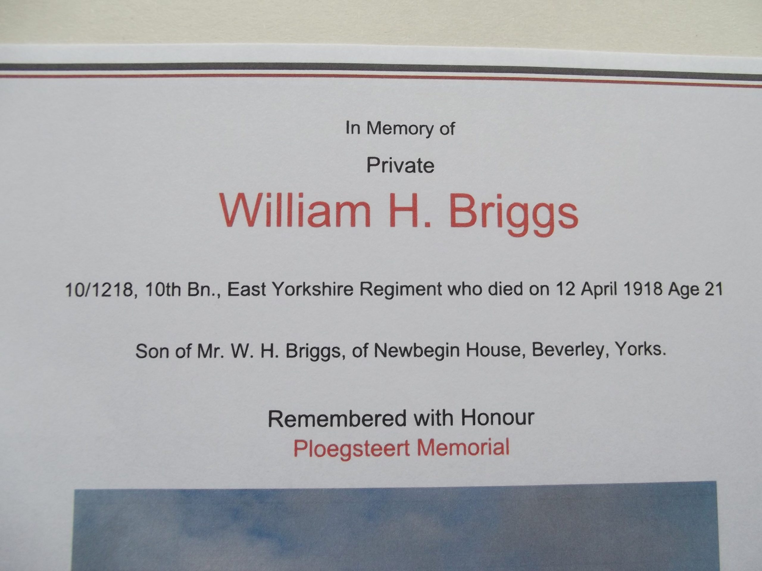 WW1 MEDAL CERTIFICATE W.H.BRIGGS EAST YORKSHIRE REG CASUALTY