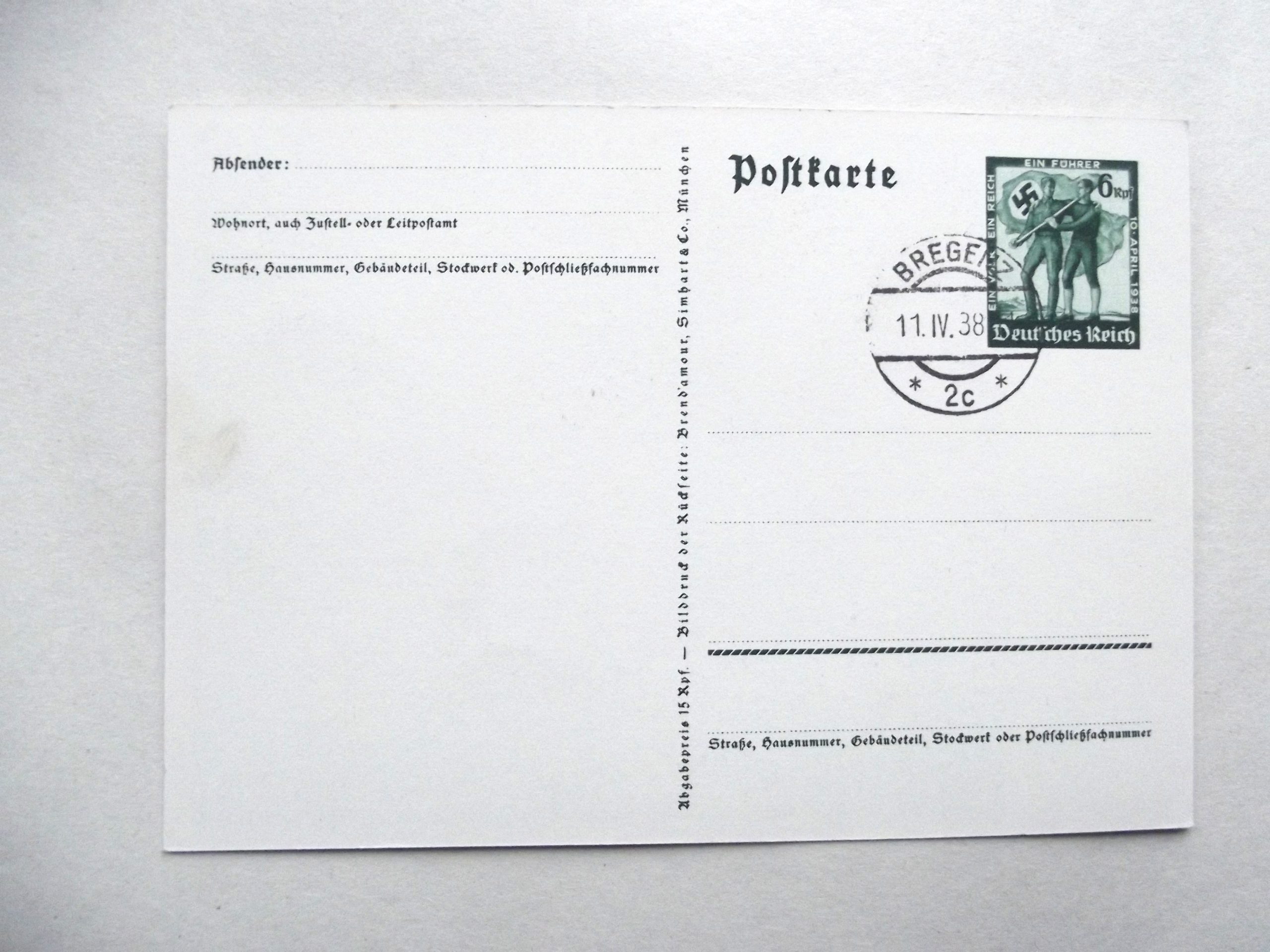 GERMAN POSTCARD 13TH MARCH 1938 ONE PEOPLE ONE EMPIRE ONE LEADER