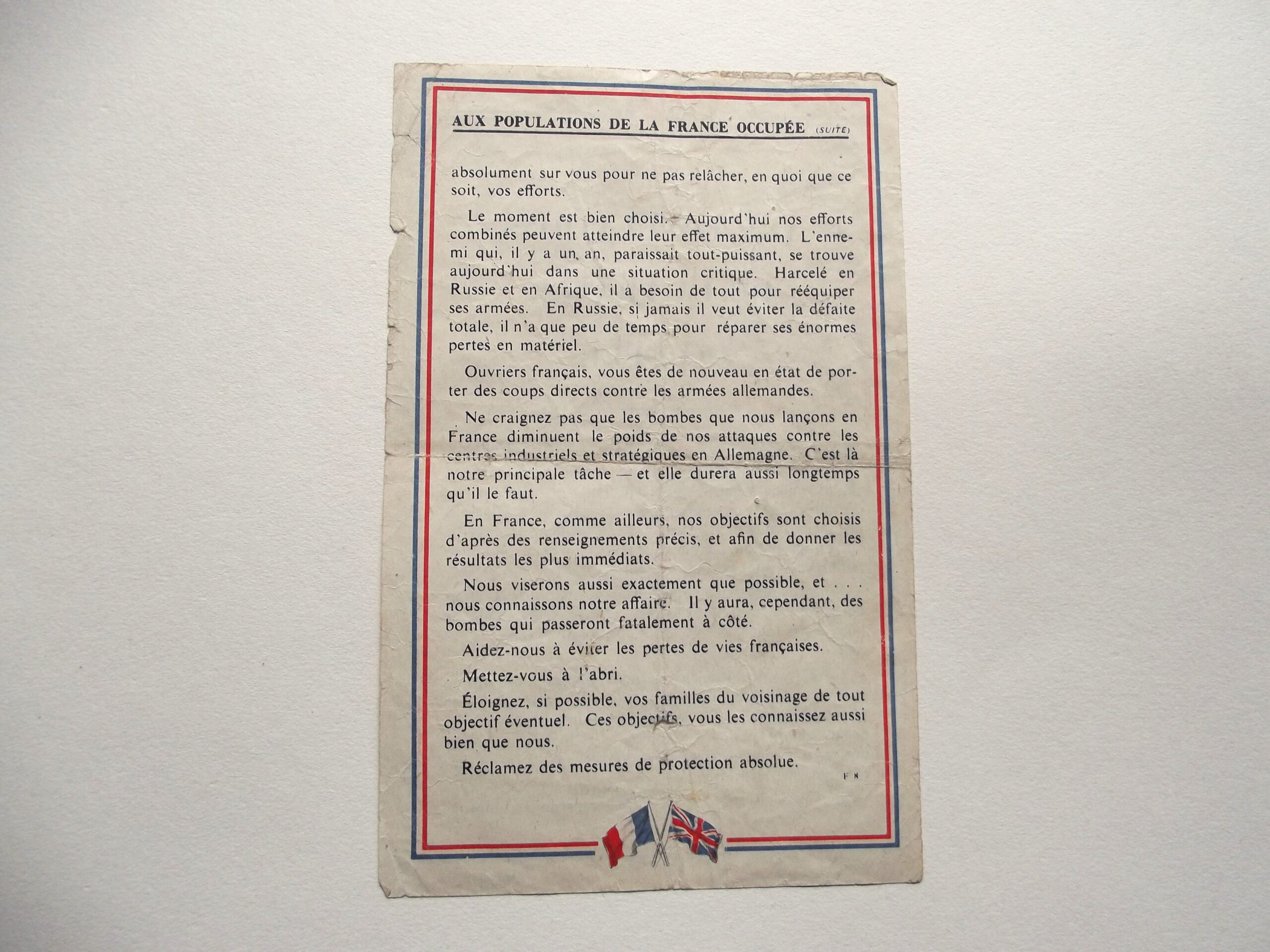 WW2 R.A.F AERIAL PROPAGANDA LEAFLET DROPPED IN FRANCE