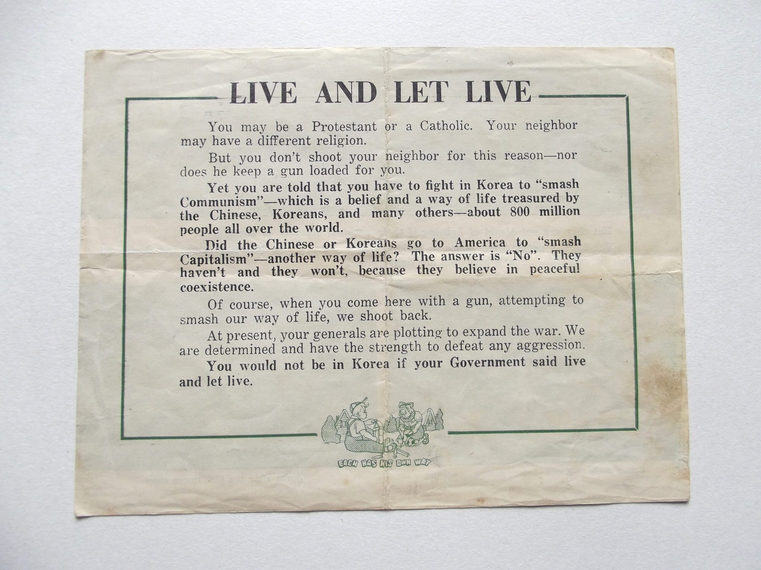 KOREAN WAR PROPAGANDA LEAFLET LIVE AND LET LIVE