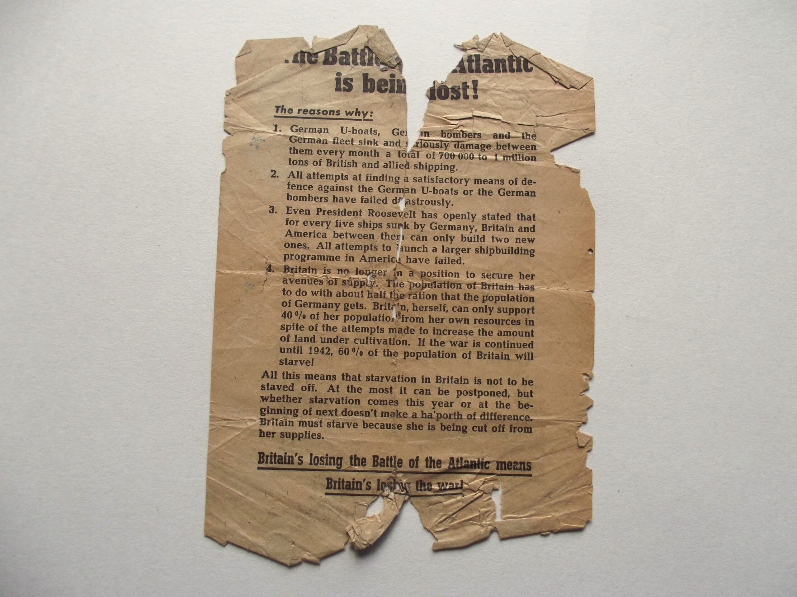 WW2 GERMAN PROPAGANDA DROP LEAFLET THE BATTLE OF THE ATLANTIC IS BEING LOST