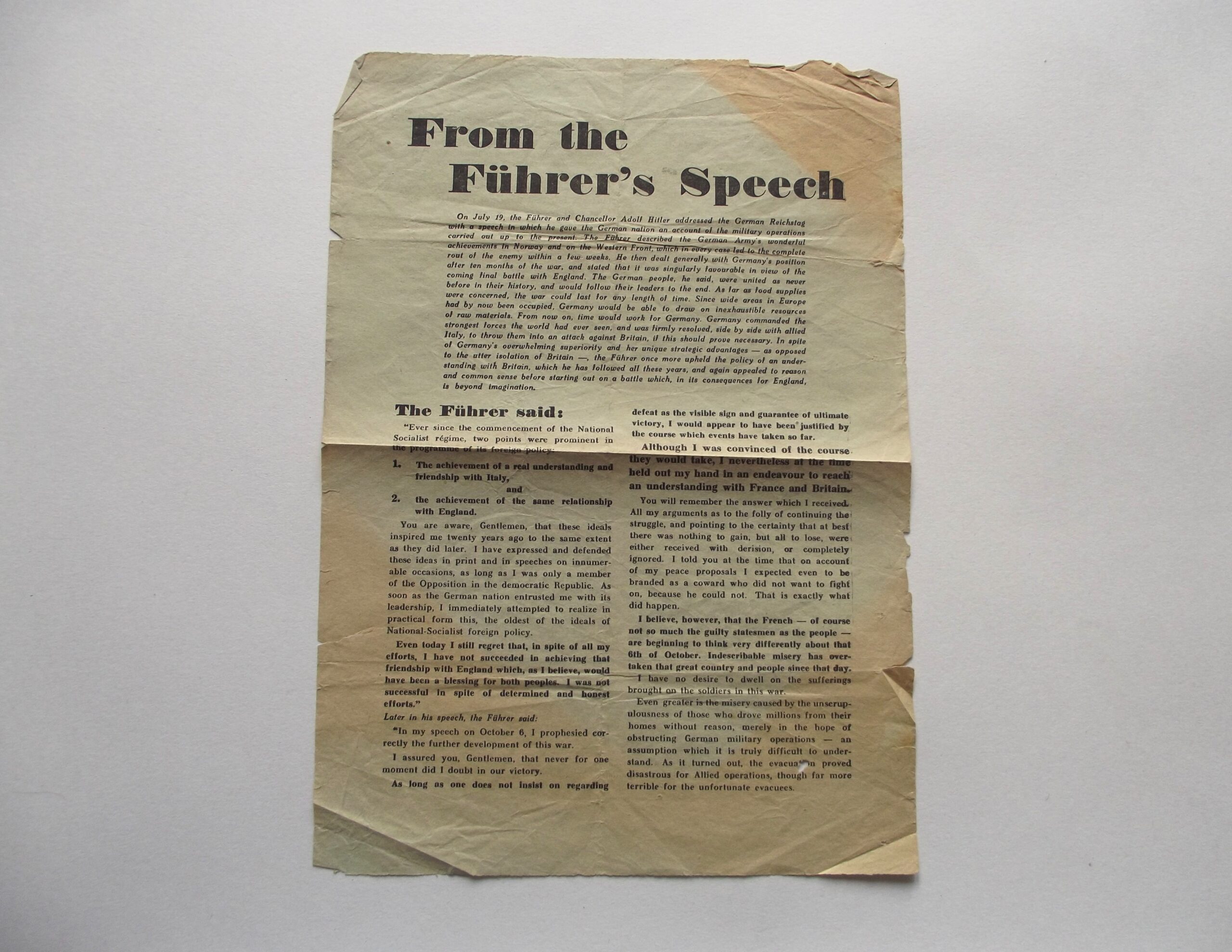 WW2 GERMAN PROPAGANDA LEAFLET FROM THE FUHRERS SPEECH.
