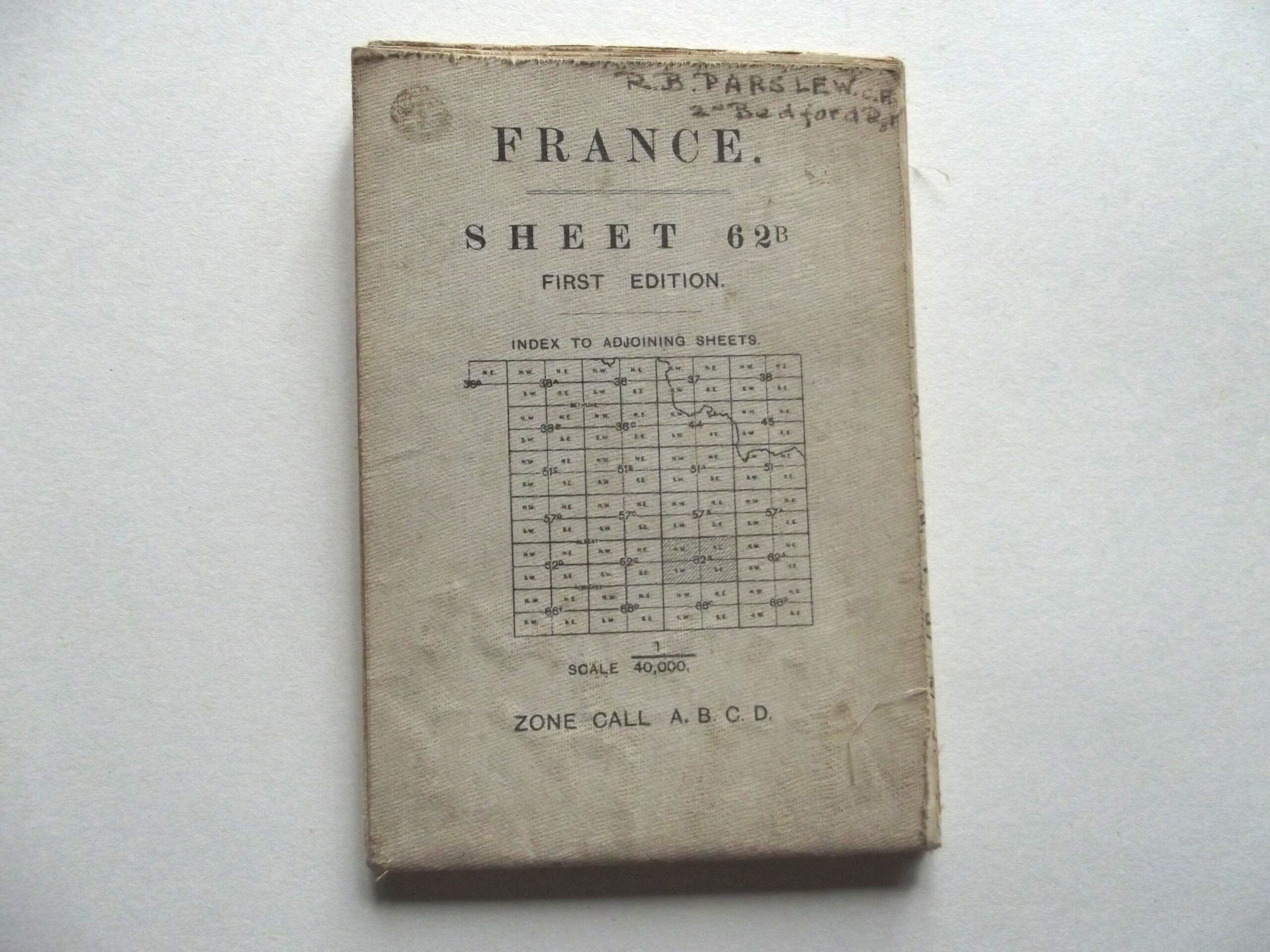 WW1 CLOTH BACKED MAP OF FRANCE SHEET 62B 1ST EDITION DATED 1917