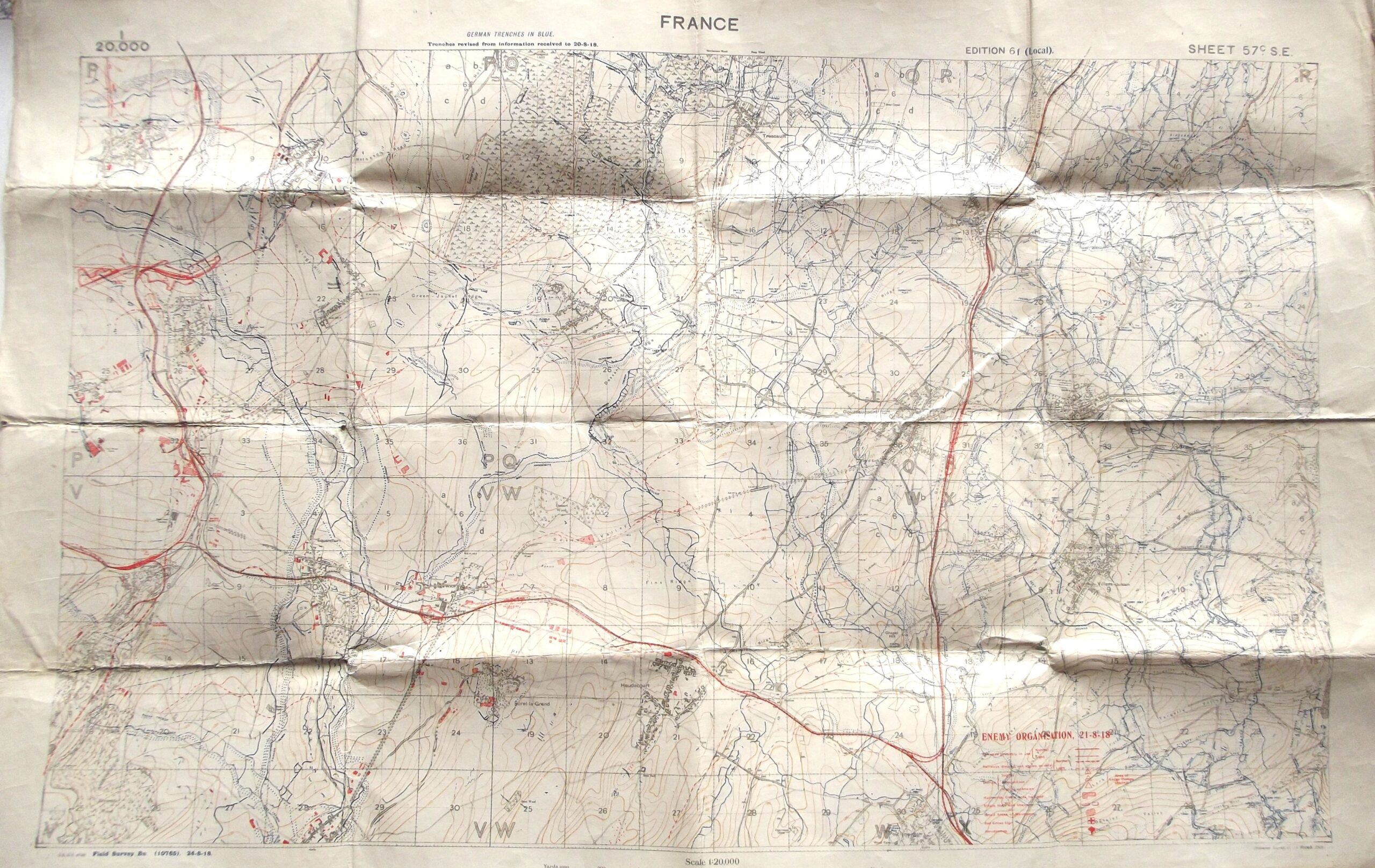 WW1 CLOTH BACKED TRENCH MAP OF FRANCE SHEET 57C S.E DATED 1918
