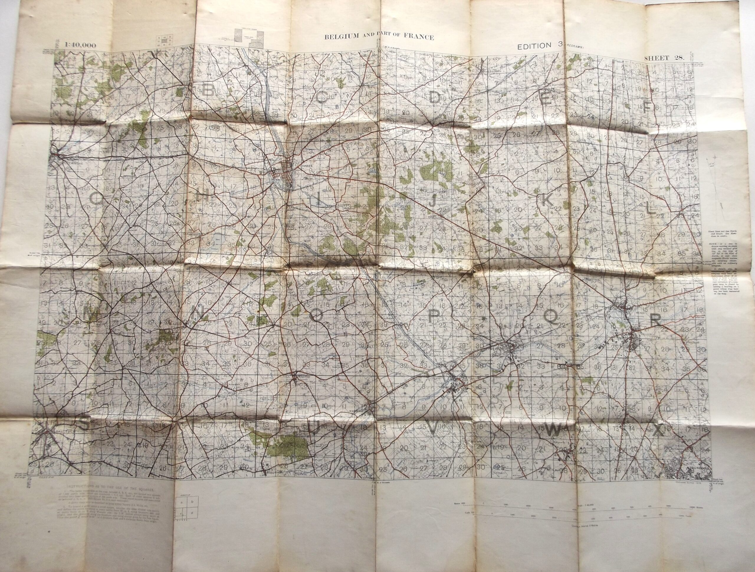 WW1 CLOTH BACKED MAP OF BELGIUM & FRANCE SHEET 28 EDITION 3 DATED 1916