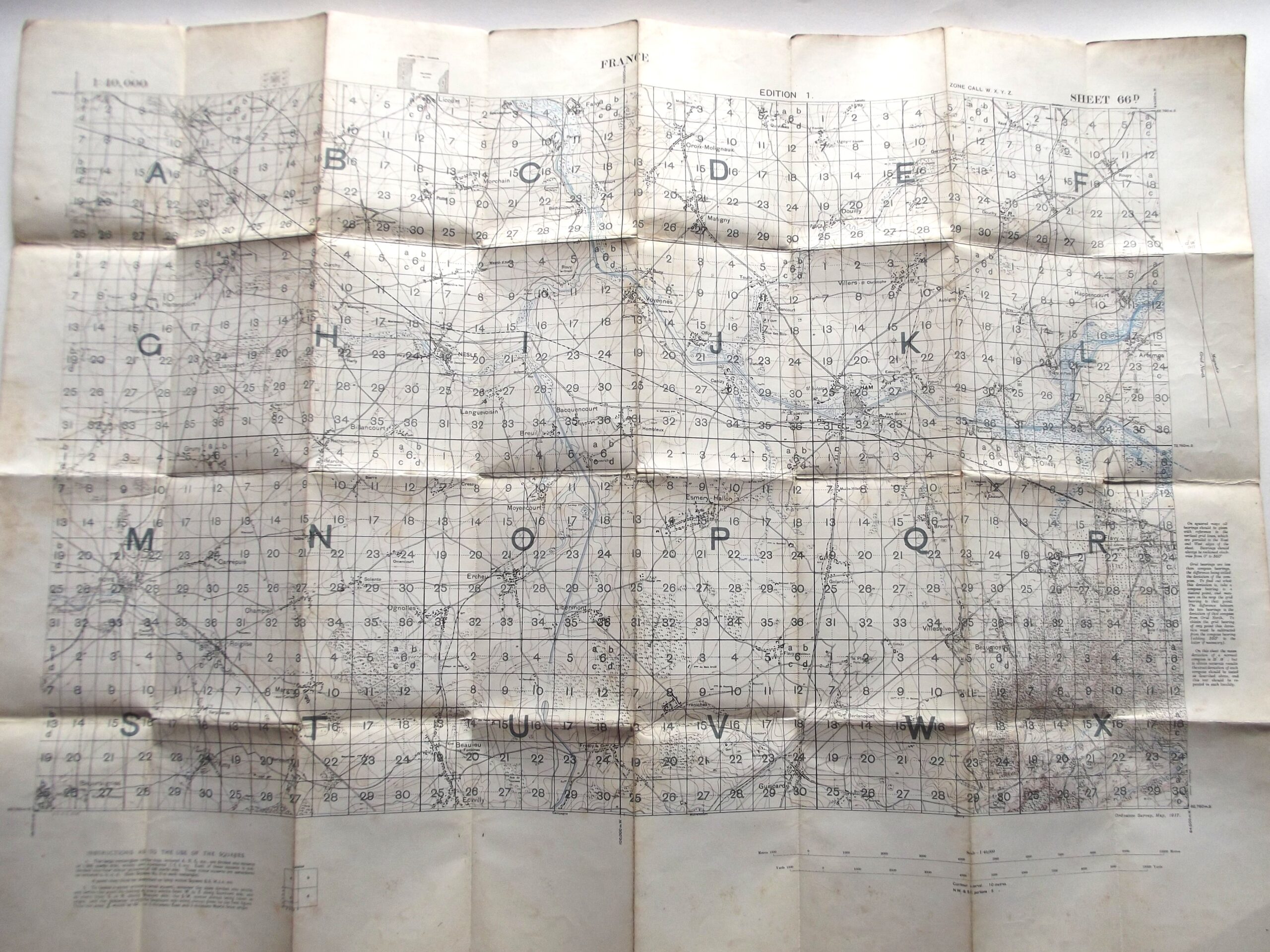 WW1 CLOTH BACKED MAP OF FRANCE SHEET 66D 1ST EDITION DATED 1917