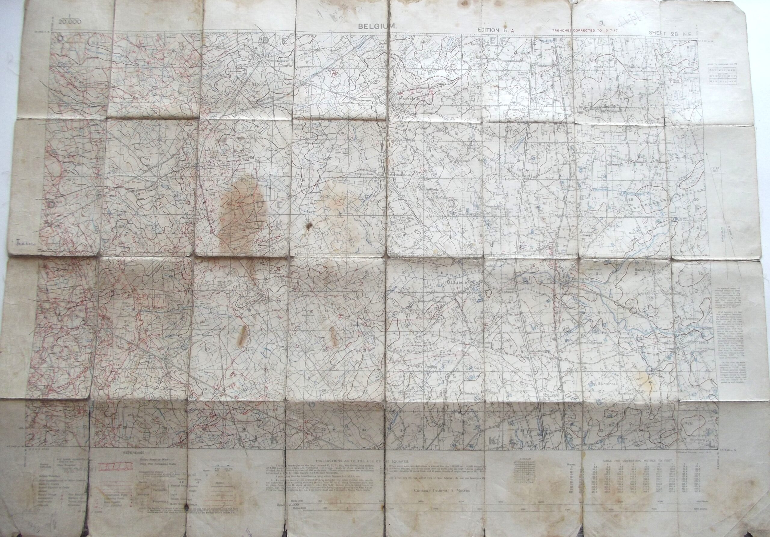WW1 CLOTH BACKED TRENCH MAP OF BELGIUM SHEET 28 N.E EDITION 6A DATED JULY 1917
