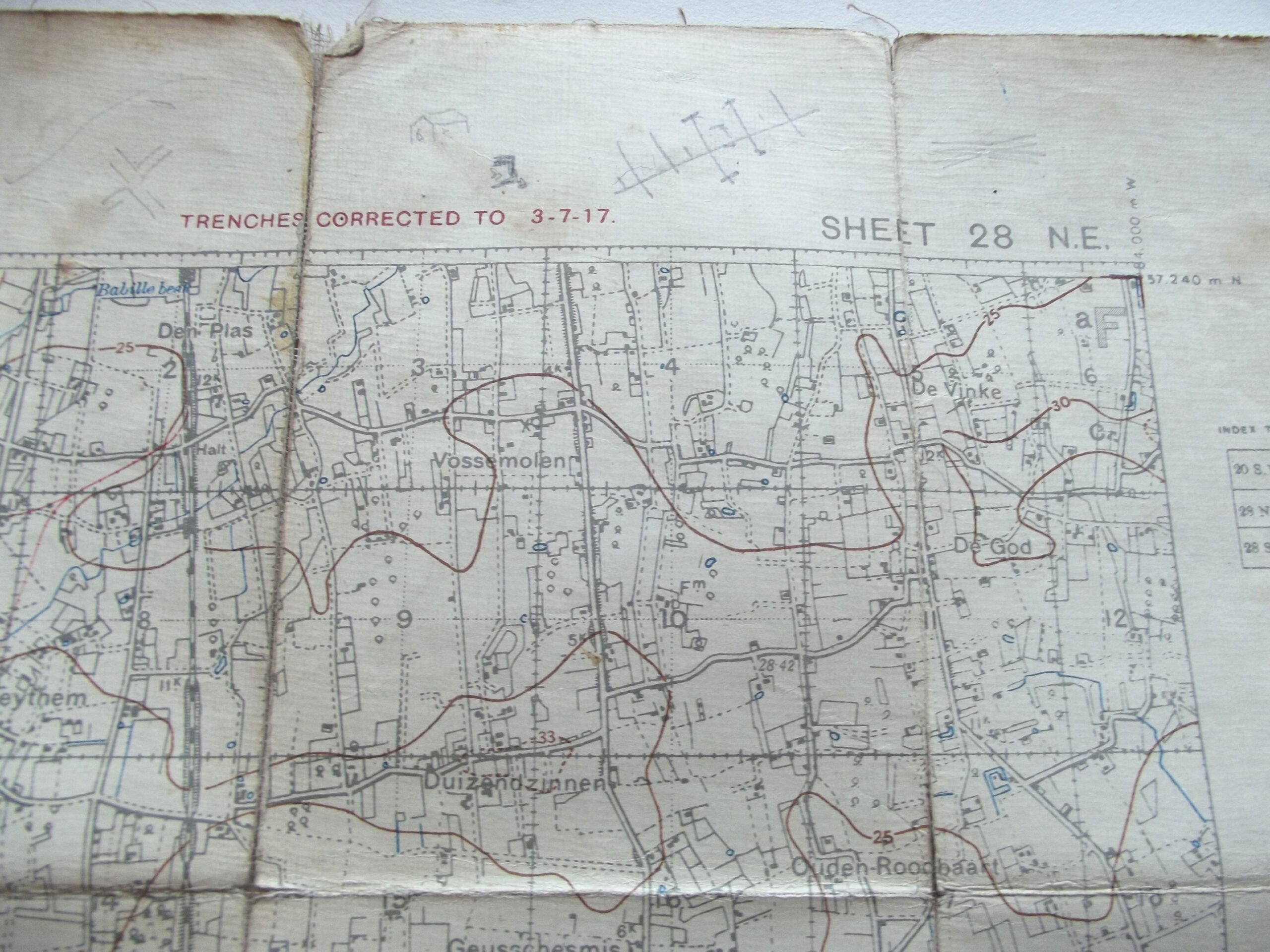 WW1 CLOTH BACKED TRENCH MAP OF BELGIUM SHEET 28 N.E EDITION 6A DATED JULY 1917