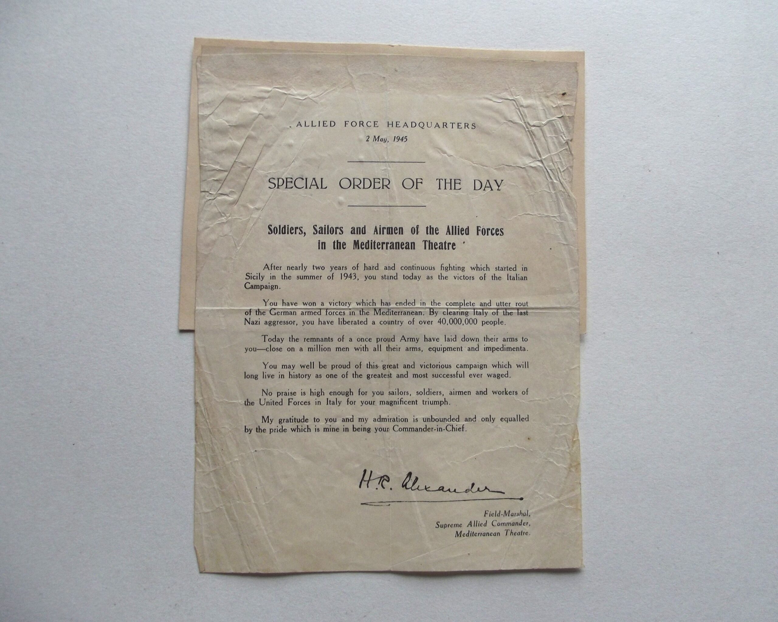 WW2 MAY 1945 ALLIED FORCES HQ SPECIAL ORDER OF THE DAY LEAFLET