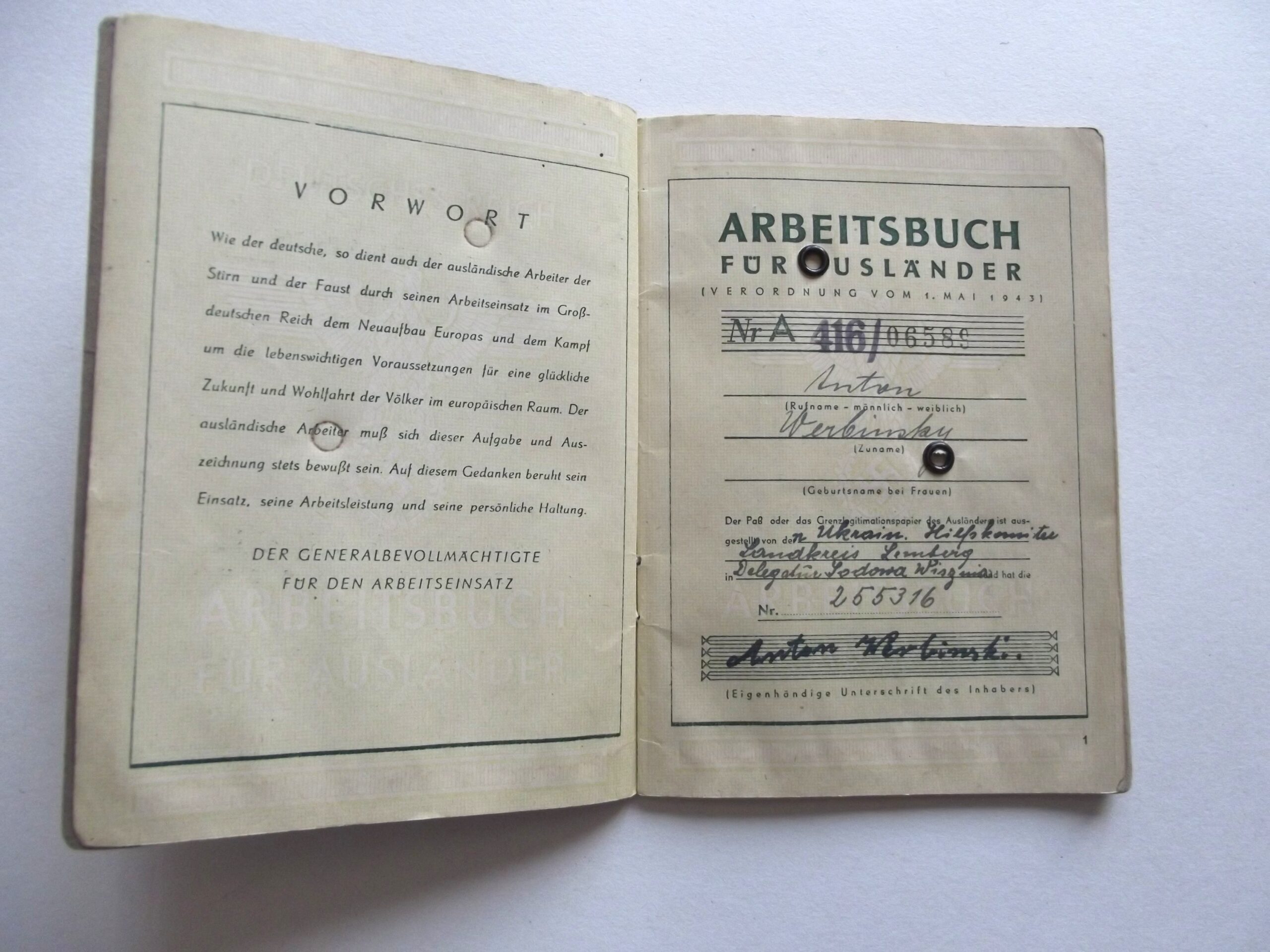WW2 GERMAN ARBEITSBUCH (WORKBOOK) FOR FOREIGN WORKERS DATED 1944
