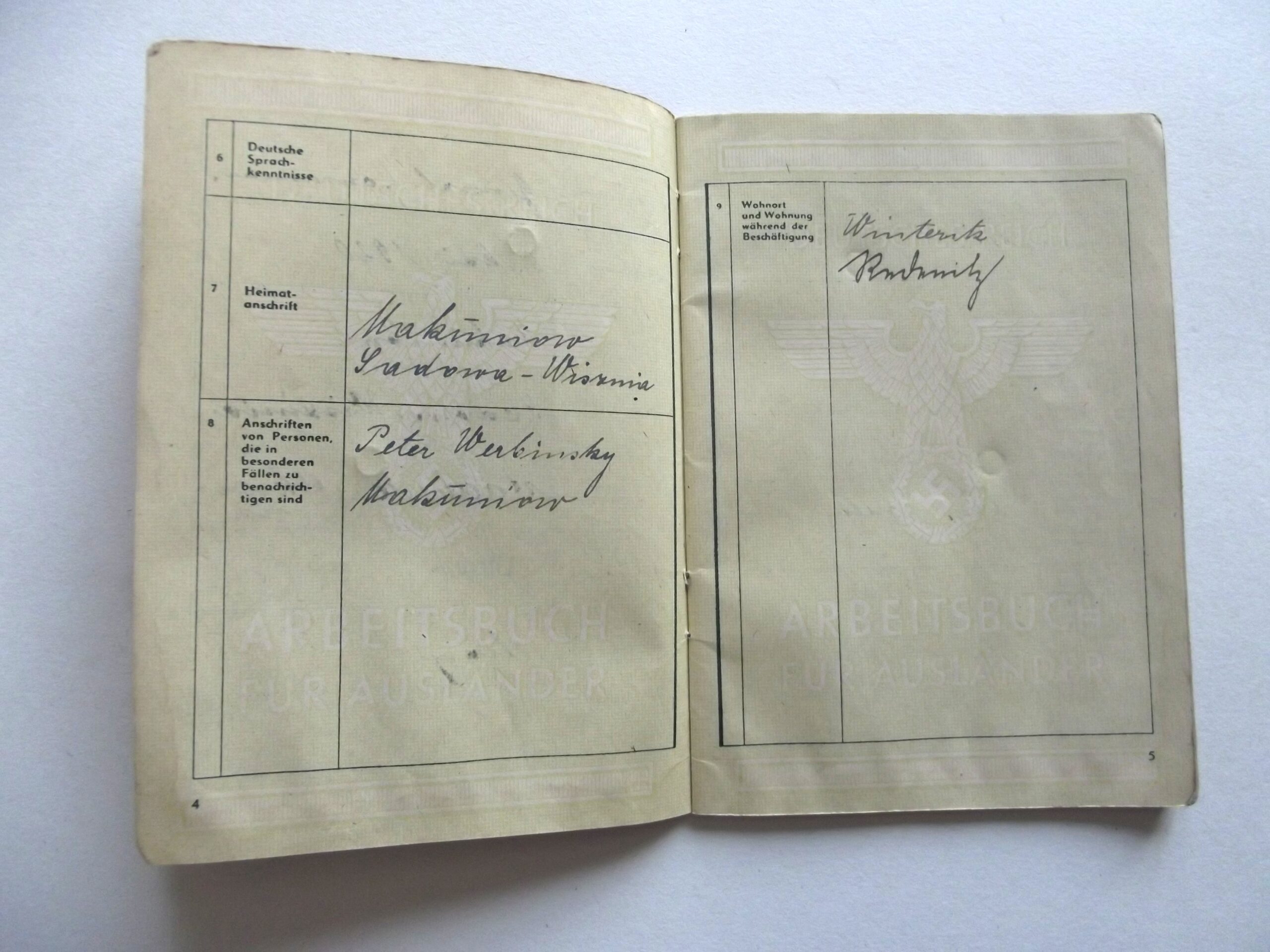 WW2 GERMAN ARBEITSBUCH (WORKBOOK) FOR FOREIGN WORKERS DATED 1944