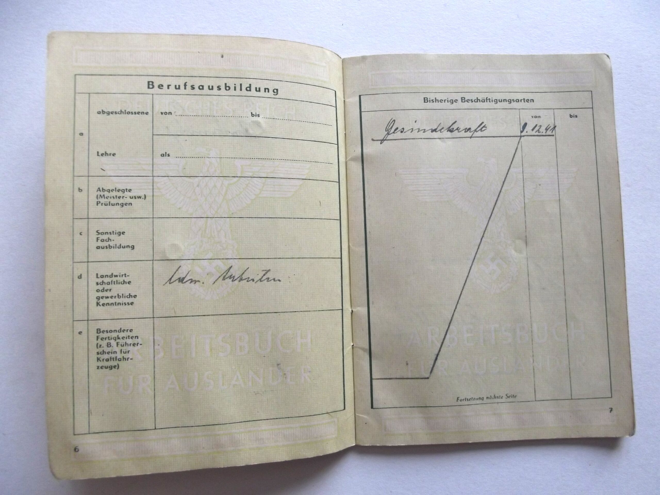 WW2 GERMAN ARBEITSBUCH (WORKBOOK) FOR FOREIGN WORKERS DATED 1944
