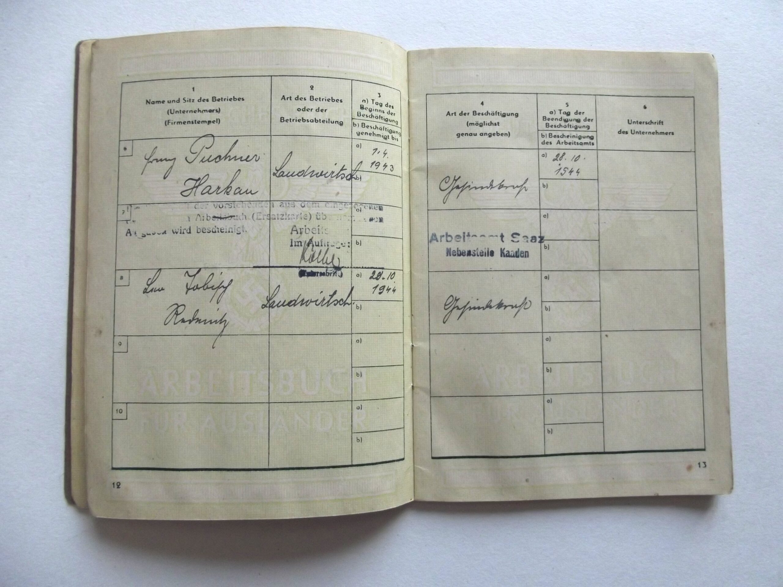 WW2 GERMAN ARBEITSBUCH (WORKBOOK) FOR FOREIGN WORKERS DATED 1944